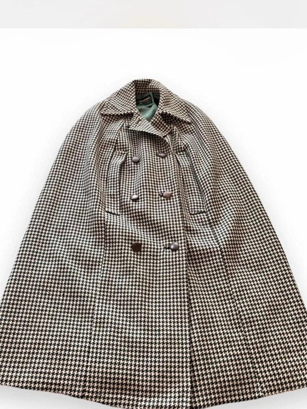 Serenade Houndstooth Double-Breasted Cape in Green + Tan  Like New